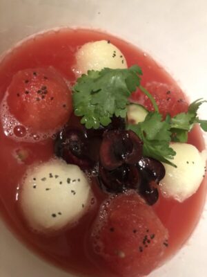 Vegan Dish. Chilled watermelon soup with fresh fruit